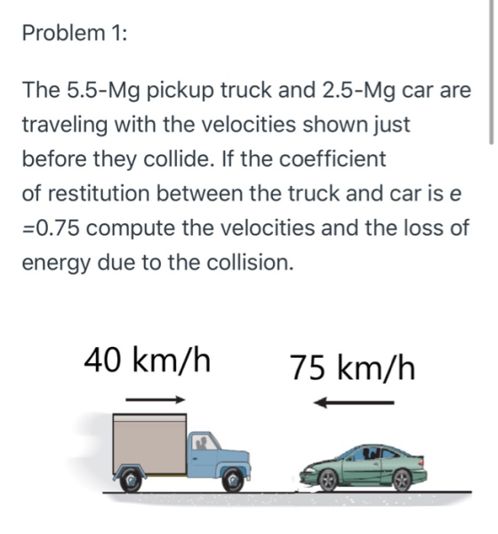 Problem 1: The 5.5-Mg pickup truck and 2.5-Mg car are traveling with the velocities shown just before they collide. If the co