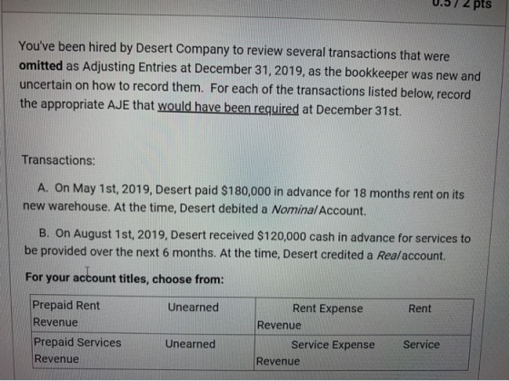 0.57 2 pts Youve been hired by Desert Company to review several transactions that were omitted as Adjusting Entries at Decem