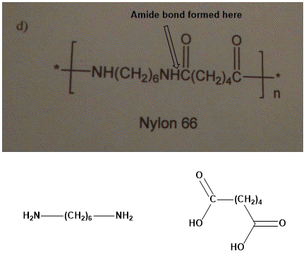 Amide bond formed here d) Nylon 66 C-(CH2)4 H2N(CH2)6NH2 HO HO