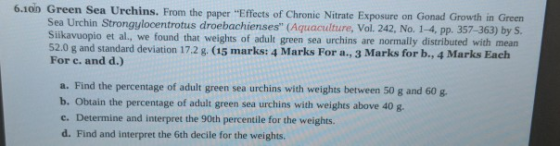 6.10n Green Sea Urchins. From the paper Effects of Chronic Nitrate Exposure on Gonad Growth in Green Sea Urchin Strongylocen