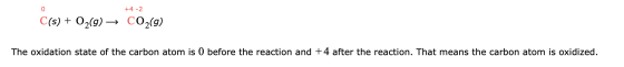 +4 -2 C(s) + O2(g) → CO2(g) The oxidation state of the carbon atom is 0 before the reaction and +4 after the reaction. That m