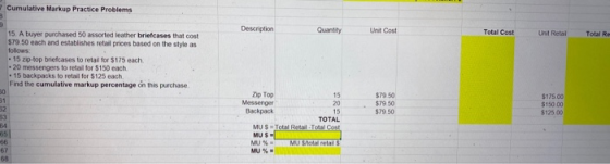 Cumulative Markup Practice Problems Description Quantity Unit Cost Total Cost Unit Retai Total Re 15. A buyer purchased 50 as