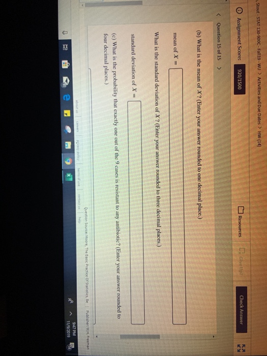 Stout STAT 130-900C-Fall19-WU > Activities and Due Dates > HW-(14) Assignment Score: 920/1500 Resources Ly Give Up? Check Ans