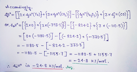 Accondingly, | 41 = [2x azu(Fe)}+{3x4+C0,3}]- [41*(8403)}+{3x aju(cov}] 07, 4n+®=[{2x0}+{31(+393-5}] - [{–824.27 +{3 *(- 10: