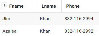 1 Fname Lname Phone Jim Khan 832-116-2994 Azalea Khan 832-116-2992