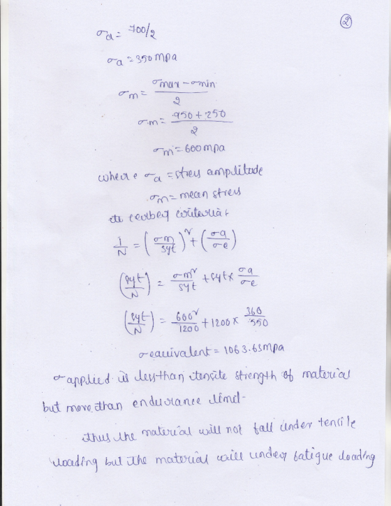 od= 700/2 oa 2350 mpa man -amin Tm =- 250+250 Time m=600 mpa wherre o a=streu amplitude oma meen stress ate e corbey contesta