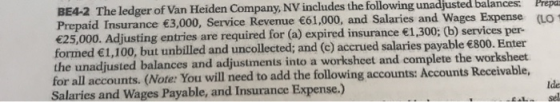 Prepai BE4-2 The ledger of Van Heiden Company, NV includes the following unadjusted balances: Prepaid Insurance €3,000, Servi
