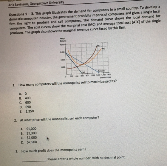 Arik Levinson, Georgetown University Questions 1 - 3. This graph illustrates the demand for computers in a small country. To