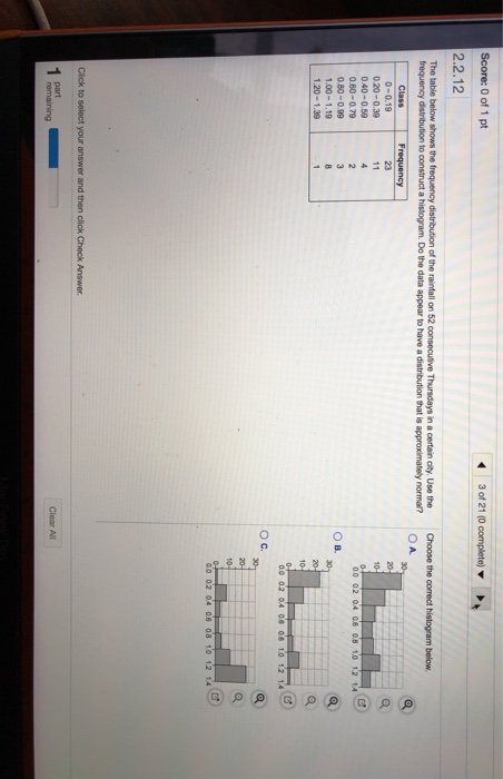 Score: 0 of 1 pt 3 of 21 (0 complete) 2.2.12 The table below shows the frequency distribution of the rainfall on 52 consecuti