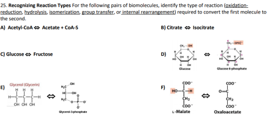 25. Recognizing Reaction Types For the following pairs of biomolecules, identify the type of reaction (oxidation- reduction,