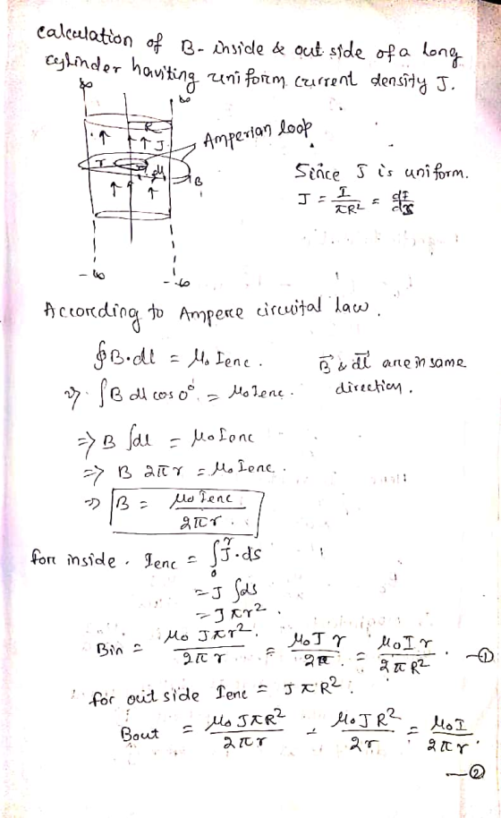 calculation of Br inside & out side of a long Eylinder hausting zinī form current density J. Amperian loop Since I is uniform