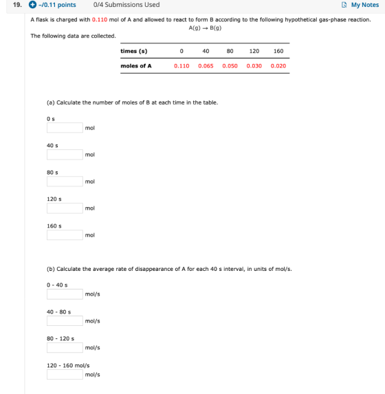 19. + -10.11 points 0/4 Submissions Used My Notes A flask is charged with 0.110 mol of A and allowed to react to form B accor