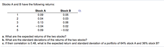 Stocks A and B have the following returns: Stock A 0.09 0.04 0.13 Stock B 0.05 0.03 0.06 0.02 -0.02 4 -0.04 0.09 a. What are