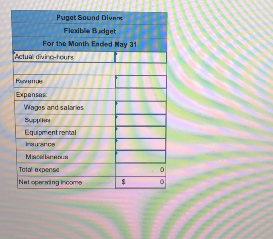 Puget Sound Divers Flexible Budget For the Month Ended May 31 Actual diving-hours Revenue Expenses: Wages and salaries Suppli