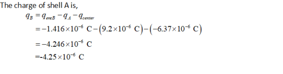 The charge of shell A is, =-1.416× 10-6 C-(9.2x10-6 C)-(-6.37x10-6 C) -4.25 x10-6 C