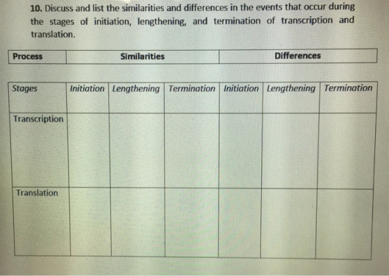 10. Discuss and list the similarities and differences in the events that occur during the stages of initiation, lengthening, and termination of transcription and translation. Process Similarities Differences Stages Initiation Lengthening Termination Initiation Lengthening Termination Transcription Translation