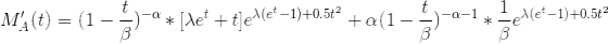M_A'(t) = (1 - \frac{t}{\beta})^{-\alpha}* [\lambda e^t + t] e^{\lambda(e^t - 1) + 0.5t^2} + \alpha (1 - \frac{t}{\beta})^{-\alpha-1}*\frac{1}{\beta} e^{\lambda(e^t - 1) + 0.5t^2}