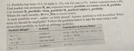 12. Portfolio has beta=-0.5; its alpha is -2%, risk free rate is 5%; market expected return is 8%. Find market risk premium R