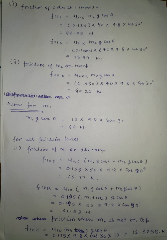 (1) friction of 2 due to I (mass ) = fals - 4215 m₂ g caso = (0.125) X 40 X 9.8 X iss 30° = 42.43 N. f2ik 4216 m₂ g Caso = Co
