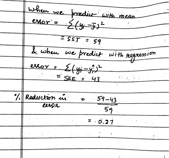 when we predice with mean error= {ly: 7² * = SST = 59 & when we predict with regressi error = {ly - 2 -=SSE = 43__ % Reducti