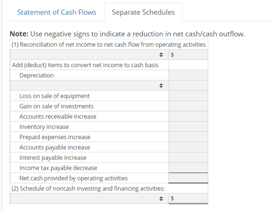 Statement of Cash Flows Separate Schedules Note: Use negative signs to indicate a reduction in net cash/cash outflow. (1) Rec