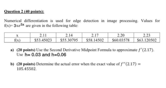 Question 2 (40 points): Numerical differentiation is used for edge detection in image processing. Values for f(x)=3xe5x are g