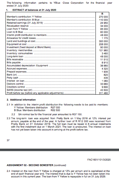 The following information pertains to YBlue Close Corporation for the financial year ended 31 July 2020: 1 EXTRACT of balance
