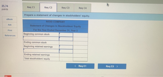 35.74 points Req C1 Req C2 Reg C3 Req C4 eBook Ask Prepare a statement of changes in stockholders equity. REDD COMPANY State