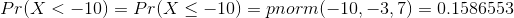 Pr(X<-10)=Pr(X\leq -10)=pnorm(-10,-3,7)=0.1586553