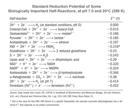 Standard Reduction Potential of Some Biologically Important Half-Reactions, at pH 7.0 and 25°C (298 K) Half-reaction E (V) 2