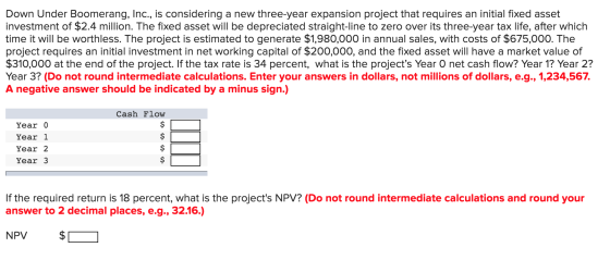 Down Under Boomerang, Inc., is considering a new three-year expansion project that requires an initial fixed asset investment