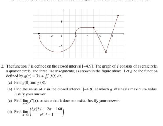 4 -2 2. The function f is defined on the closed interval [-4,9]. The graph of f consists of a semicircle, a quarter circle, a