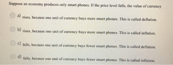 Suppose an economy produces only smart phones. If the price level falls, the value of currency a) )rises, because one unit of