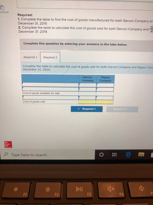 erences Required: 1. Complete the table to find the cost of goods manufactured for both Garcon Company am December 31, 2019 2