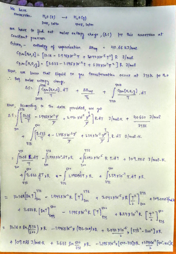 We have conversion H0 (0) H0 (9) Book, lath 5ook, latm we have to find out molar entropy change, (As) for this conversion at