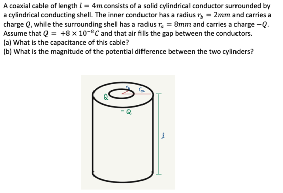 A coaxial cable of length 1 = 4m consists of a solid cylindrical conductor surrounded by a cylindrical conducting shell. The