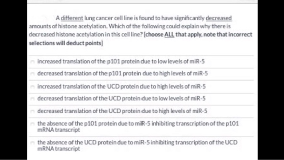 A different lung cancer cell line is found to have significantly decreased amounts of histone acetylation. Which of the follo
