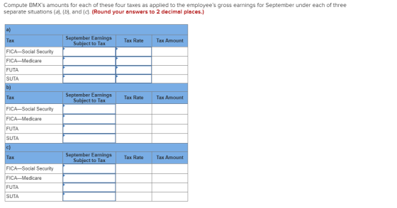 Compute BMXs amounts for each of these four taxes as applied to the employees gross earnings for September under each of th