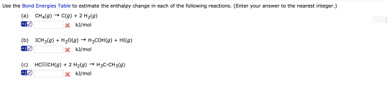 Use the Bond Energies Table to estimate the enthalpy change in each of the following reactions. (Enter your answer to the nea