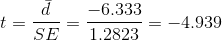 t=\frac{\bar{d}}{SE}=\frac{-6.333}{1.2823}=-4.939