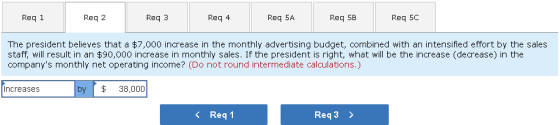 Req 1 Req 2 Req 3 Req 4 Req 5A Req 5B Req 5C The president believes that a $7,000 increase in the monthly advertising budget,