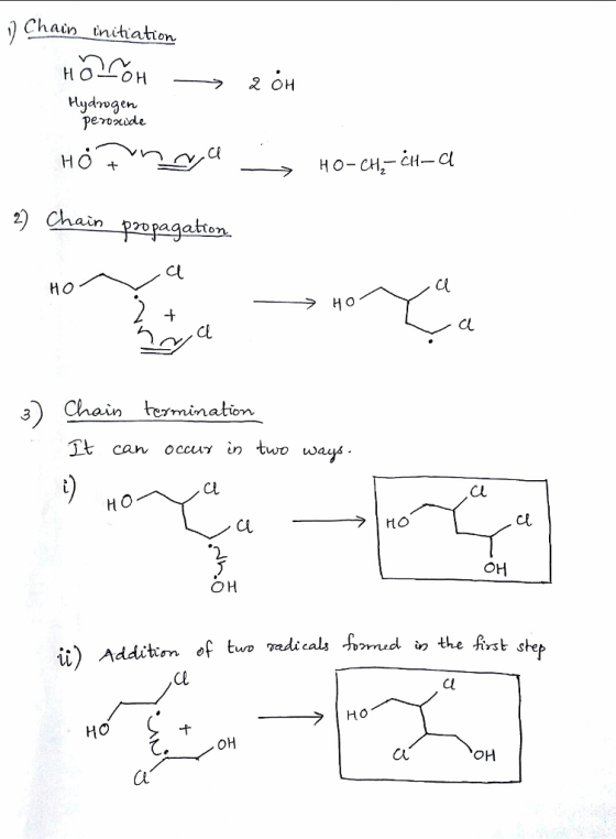 ain tnihiation 2 он peroxide 2 Chain p70-atto Cl cl Chain termination It can occur in two wau CL Cl H O cl OH OH mid the Rrst