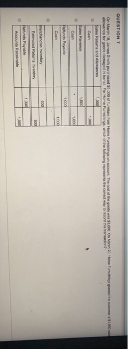 QUESTION 7 On March 18, James Smith purchased $5,000 of furniture from Home Furnishings on account. The cost of the goods was