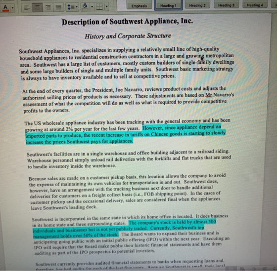Emphasis Heading 1 Heading 2 Heading 3 Heading 4 Description of Southwest Appliance, Inc. History and Corporate Structure Sou