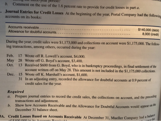 w your periode b. Comment on the use of the 1.6 percent rate to provide for credit losses in part a. Journal Entries for Cred