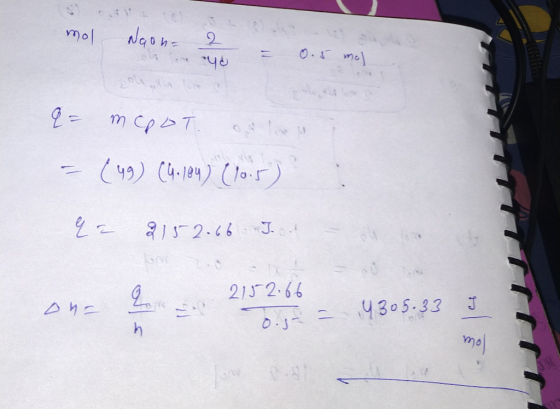 mol O. mel 2 = mCpT 21J 2.66 305.33 0.91