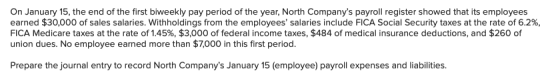On January 15, the end of the first biweekly pay period of the year, North Companys payroll register showed that its employe