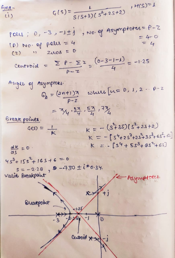 1 HCS)=1 Ans- cis 915) = S1S+3)( s*+25+2) 7 Zuos =D p-z pous; 0, -3,-1+j , no.gg Asymptores = P-z = 40 (D) No. of polis = 4 (