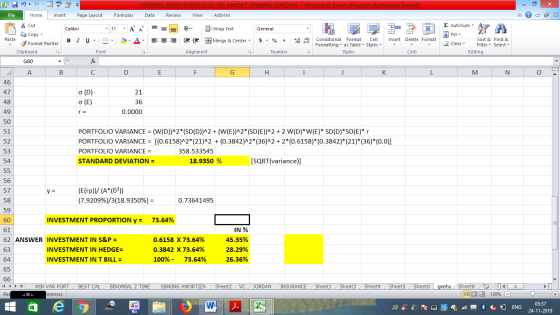 OPTIMAL RISKY PORTFOLIO VC AMORT SINKING JORDAN - Microsoft Excel (Product Activation Failed) File Home Insert Page Layout Fo