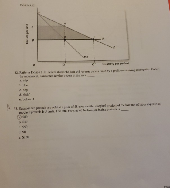 Exhibit 9.12 d c MR 0 Quantity per periodi 32. Refer to Exhibit 9.12, which shows the cost and revenue curves faced by a prof
